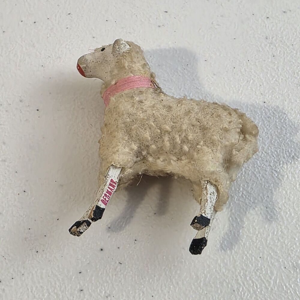 Antique German Putz Stick Leg Sheep 2 1/8" Pink Collar Matchstick Wood Germany - Picture 6 of 7